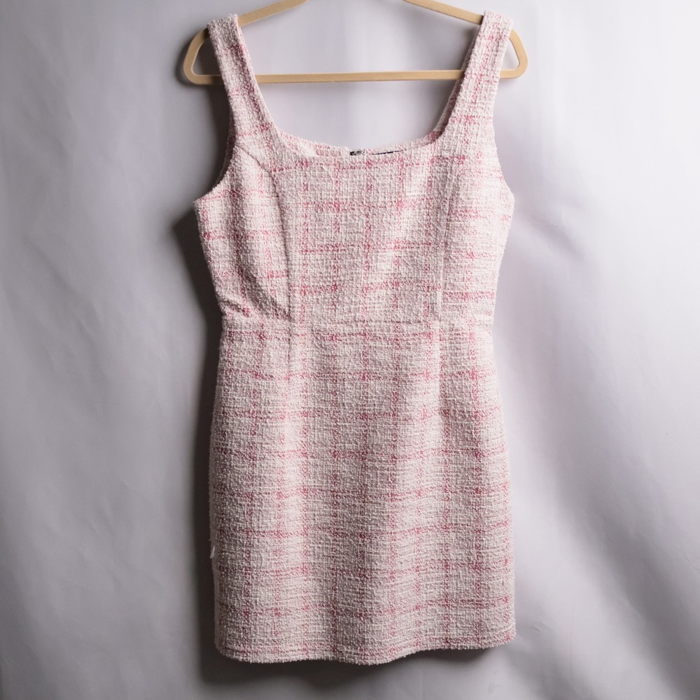 FORE Pink White Plaid Tweed Metallic Mini Dress Square Neck Sleeveless L Preppy
